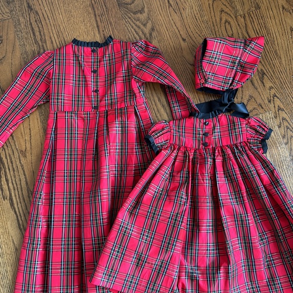 Christmas Tartan Taffeta Dress sister set Bonnet size 4/5 and 12-24 months 👑♥️ - Picture 6 of 7